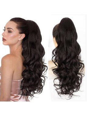 24" Curly Wavy Ponytail Extension - Claw Clip Hairpiece for Women, Black/Brown